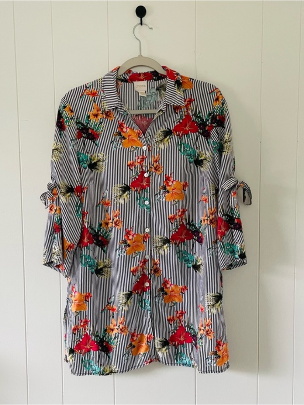 Chico's Black White Striped Button-Down Shirt with Red Orange Teal Floral Print